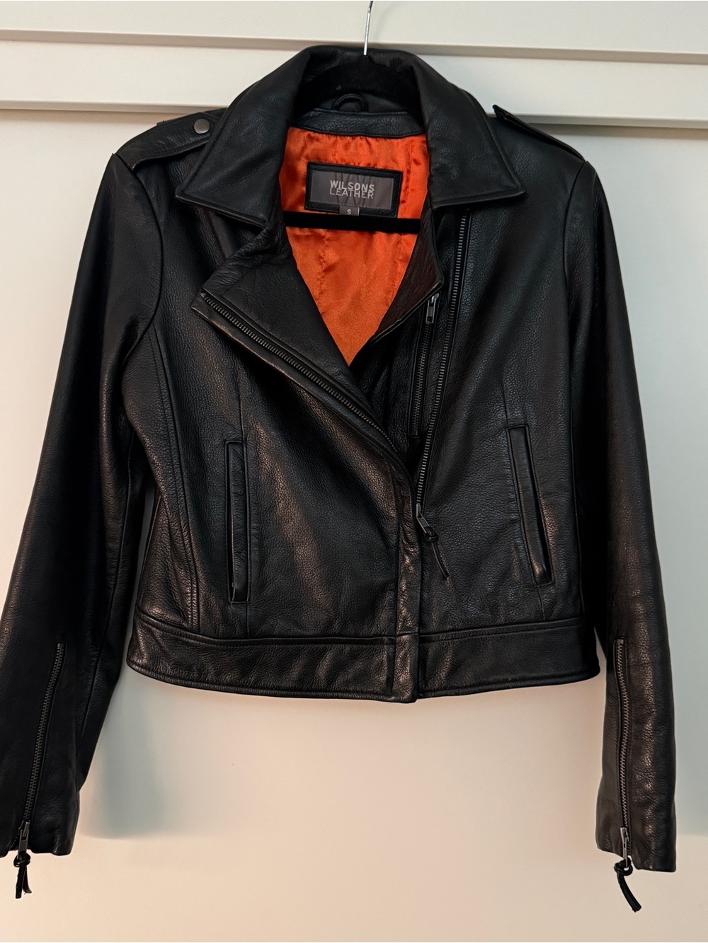 Wilsons Leather Black Moto Jacket with Orange Lining